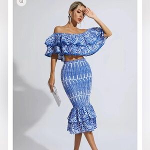 Catchall Anaya Blue Cutout Ruffle Set Two Piece Dress Off Shoulder Skirt Top Set